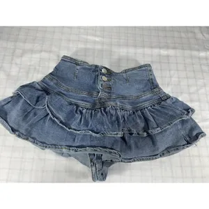 Denim Tiered Ruffled Skort High Waist Shorts Mini Skirt Medium Wash - Size XS thumbnail 4