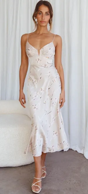 NWT Selfie Leslie LAKE COMO FITTED BODICE MIDI DRESS ORCHID PRINT BEIGE XS thumbnail 1