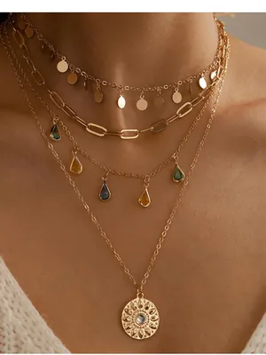 Gold Tone Layered Link Chain Necklace Sun Round Charm Clear Stone Lobster thumbnail 1