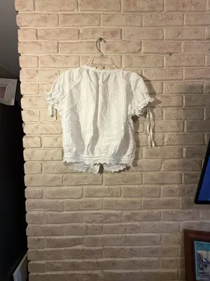 Cider White Eyelet Lace Trim Puff Sleeve Tie Front Crop Blouse Size L thumbnail 3
