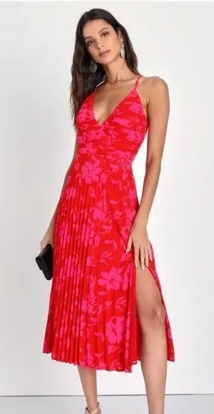 NWT Lulus Vibrant Moment Red and Pink Floral Pleated Midi Dress - Size Medium thumbnail 1