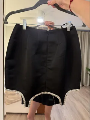 Black satin mini skirt with rhinestone trim size XS thumbnail 2