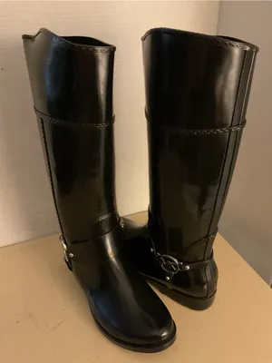 Michael Kors women Glossy Black Tall MK Logo Fulton harness Rain Boots US 8 thumbnail 8