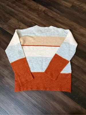 Hem & Thread Striped Crewneck Sweater in Light Gray, Cream & Rust thumbnail 3
