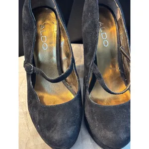 Aldo Black Suede Mary Jane Platform Pumps Gold Insole High Block Heel Size 37 thumbnail 4