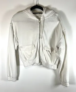 Aerie Womens Cropped Hoodie Sweatshirt Full Zip Pockets Size Medium White‎ thumbnail 1