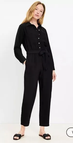 LOFT Classic Black Button-Front Long Sleeve Jumpsuit | Size 6 thumbnail 1