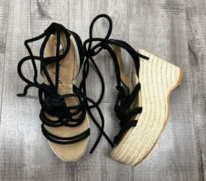 Free People Sandal Platform Wedge Espadrille Black Strappy Wrap Up Size 38 (8) thumbnail 1