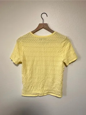 💛Celebrity Pink Yellow Crochet Short Sleeve Henley Top thumbnail 5