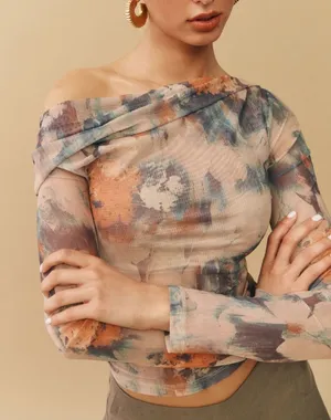 Reformation | Elio Off the‎ Shoulder Mesh Floral Top in Natural thumbnail 1
