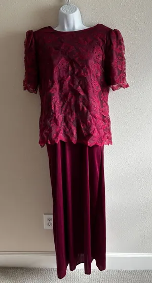 Praise‎ Hymn 90s Vintage 2pc Dress Set M Burgundy Lace Sequin Formal Choir Gown thumbnail 1