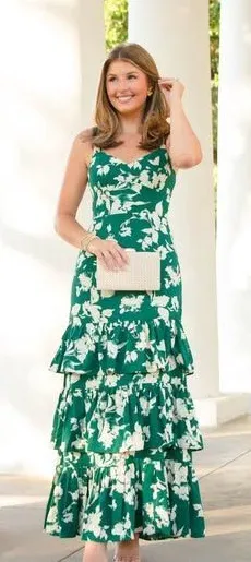 Abercrombie Ruffle Tiered Maxi Dress Size XS Floral Green Spring Wedding thumbnail 1