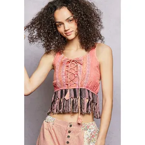 POL Lace-Up Fringe Hem Tank with Lace Detail - Pink - Large thumbnail 2