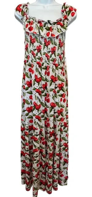 NWT Bums & Roses Maxi Dress M Cherry Print Smocked Bamboo Viscose Tiered Garden thumbnail 1