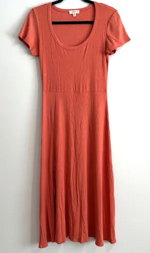 See You Monday Ribbed Short Sleeve Midi Dress Women's Large Orange Side Slit thumbnail 1