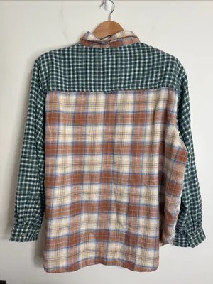 American Eagle Fall Plaid Patchwork Ragged Eclectic Grandpa Flannel Shirt sz L thumbnail 2