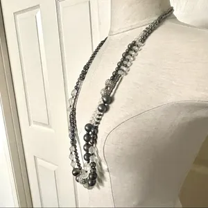 Long double strand grey and clear beaded statement necklace thumbnail 5