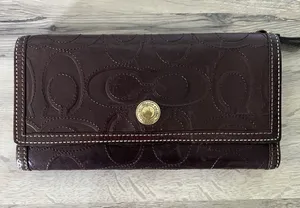 Coach Brown Leather C Monogram Stitched Continental Long Wallet Checkbook thumbnail 1
