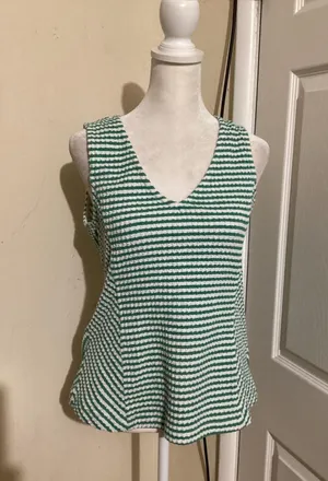 Maeve by Anthropologie Tank Top Womens Small Green White Striped Textured Knit thumbnail 1