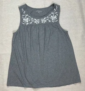 Croft & Barrow | 100% Cotton Grey Embroidered Sleeveless Top | Large thumbnail 1