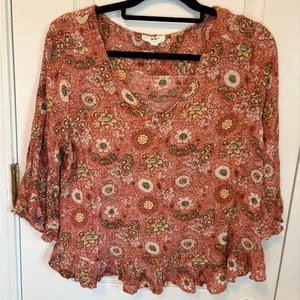Nicole Miller Floral Boho Blouse Rust Orange Ruffle Hem 3/4 Sleeve Large thumbnail 1