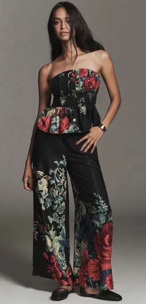 Anthropologie Somerset Silky Printed Wide-Leg Pull-On Pants Floral Black Multi thumbnail 1