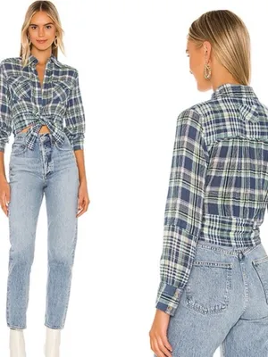Free People We The Free First Bloom Plaid Tie Front Crop Shirt Blue Size Large thumbnail 11