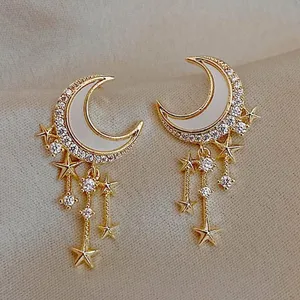 18K Gold Moon Stars Tassel Stud Earrings thumbnail 3