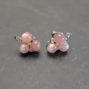 Vintage Screw On Earrings Pink Trio with Clear Gem Accents - Tarnished thumbnail 3