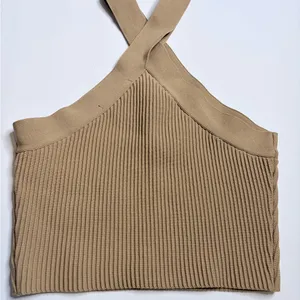 Tan Ribbed One Shoulder Halter Crop Top Sz S a35 thumbnail 5