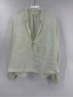 By Anthropologie Long-Sleeve Embroidered‎ Linen Tie-Front Top Blouse mint green thumbnail 5