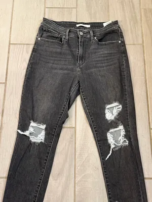 Women's High-Rise Straight Leg Ripped Jeans in Washed Black thumbnail 3
