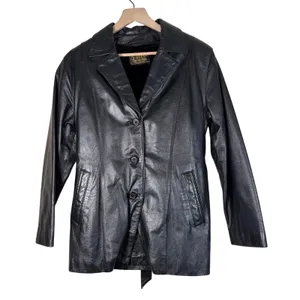 GIANT Black Leather Jacket Belted Collar Button Front Size‎ M Size M thumbnail 1