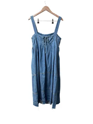 Free People Pretty in Pleats Indigo Blue Denim Raw Hem Midi Dress Medium $148 thumbnail 4