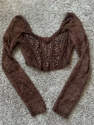 Victoria's Secret Brown Lace Long-Sleeve Corset Crop Top with Studs thumbnail 1