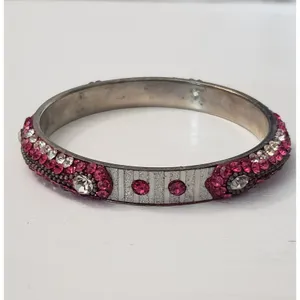 Vintage Bracelet / Bangle Pink & Silver Tone with Clear Gems thumbnail 4