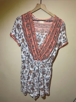 Altar'd State Pink Floral Boho Romper Women’s Large V-Neck Festival Cottagecore thumbnail 1