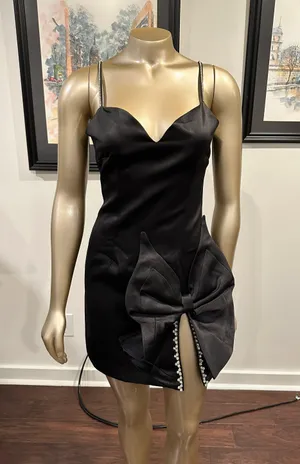 Satin Black Bow Mini Dress With Diamond Detailing thumbnail 1
