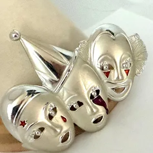 Vintage Silver Tone Triple Clown Theater Mask Enamel Brooch thumbnail 6