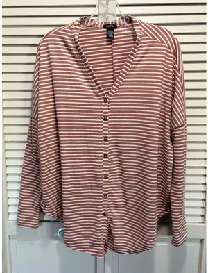 Rue 21 Salmon Pink/White Striped‎ Long Sleeve Sweater Button Up Size M V Neck thumbnail 1