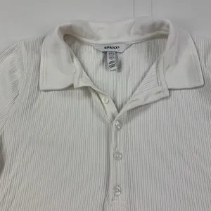 SPANX Rib Polo Top Women's Medium Ivory Short Sleeve Stretch Knit 20991R thumbnail 3