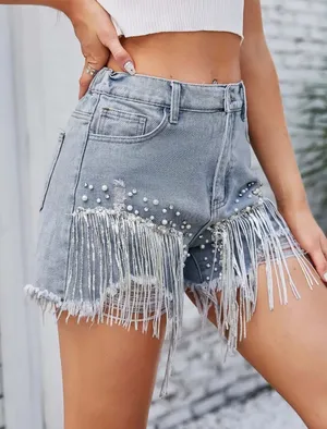 Blue Blush Denim Sequin & Pearl Shorts thumbnail 2