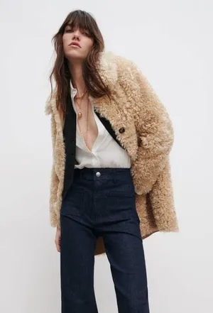 Zara Faux Fur Long Teddy Sherpa Jacket Coat Natural Beige Size Small 8490/241 thumbnail 7