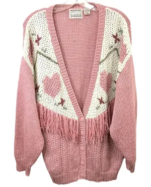 VTG Plus Size 20W Sweater Pink‎ Hand Knit Heart Fringe Cardigan Cottagecore 774 thumbnail 1