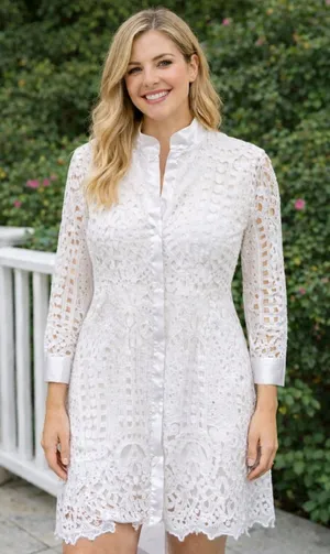 White Lace Coastal Beach Resort Long Sleeve Button Size Small Shirt Dress thumbnail 1