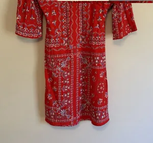 Small Skies are Blue Red Blue Boho Floral Print Dress Bell Sleeves Button Lined‎ thumbnail 1