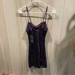 Cute NWT purple sequin stretchy corset back mini dress sexy club prom coquette thumbnail 11