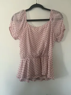 Pink Black Polka Dot Coquette Blouse Small Puff Sleeve Peplum Top Romantic thumbnail 7