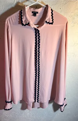 Ann Taylor Light Pink Blouse with Black Rickrack Trim thumbnail 1