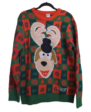 Ellen Degeneres Reindeer Pullover Ugly Christmas Sweater Women's L Red Green New thumbnail 1